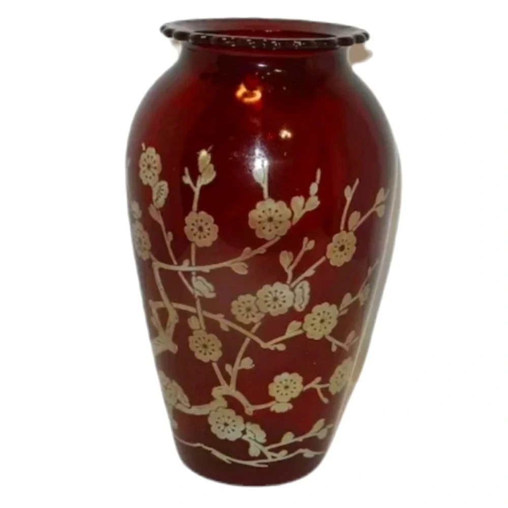 Anchor Hocking Ruby Red Glass Etched Vase Birds Cherry Blossom‎ Scalloped Rim